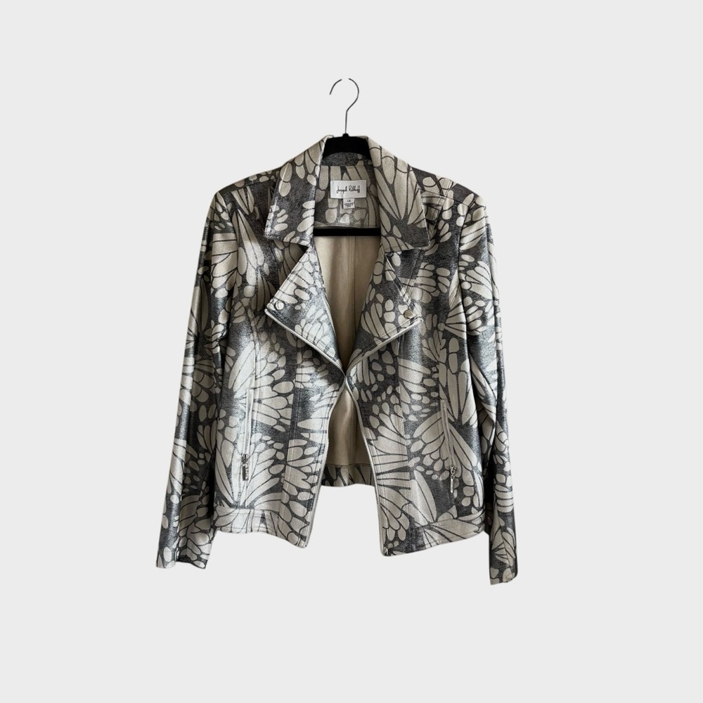 VINTAGE Y2K Joseph Ribkoff Pearlized Suede Moto in Gray & Cream Leaf Print
